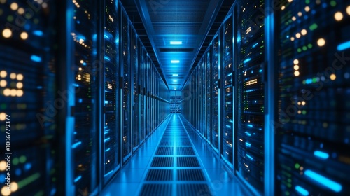 An advanced server room with blue lighting, filled with servers and digital equipment, representing data and technology.