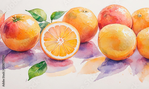 vibrant fresh citrus fruits and orange slices on white background in watercolor style by Ai