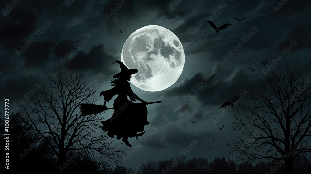 Fototapeta premium Witch Flying Under Full Moon in Night Sky