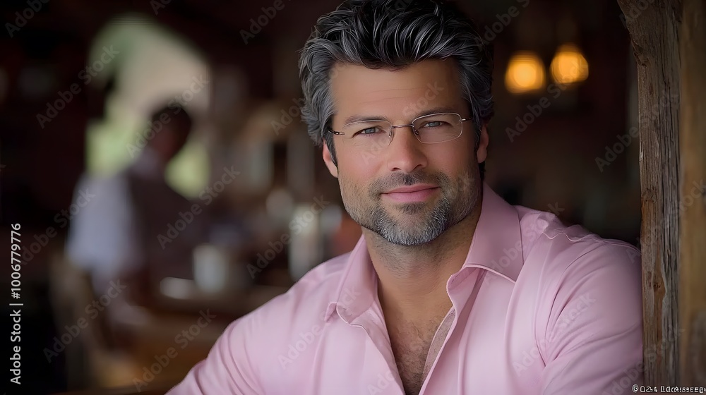 Casual Elegance: This handsome man leans against the wooden counter, his gray hair neatly styled. His pastel pink shirt—crisp yet relaxed—hints at both professionalism and comfort. Glasses perch Casual Elegance: This handsome man leans against the wooden counter, his gray hair neatly styled. His pastel pink shirt—crisp yet relaxed—hints at both professionalism and comfort. Glasses perch
