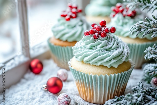 Festively decorated cupcakes with mint frosting and red berries on a snowy backdrop, perfect for winter celebrations.