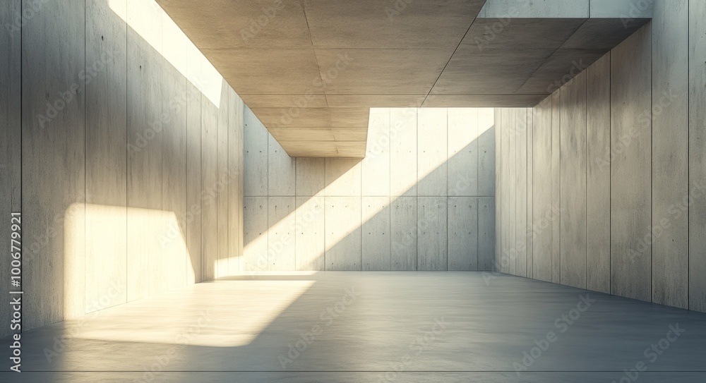Obraz premium Modern architectural interior with concrete walls and dramatic lighting at dawn, showcasing shadows and textures for a minimalist aesthetic