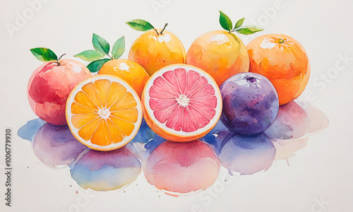 vibrant fresh citrus fruits and orange slices on white background in watercolor style by Ai