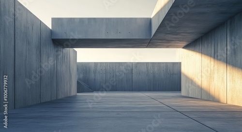 A minimalist architectural structure showcasing a concrete layout with distinct angles and soft shadows under a bright sky, highlighting the beauty of modern design