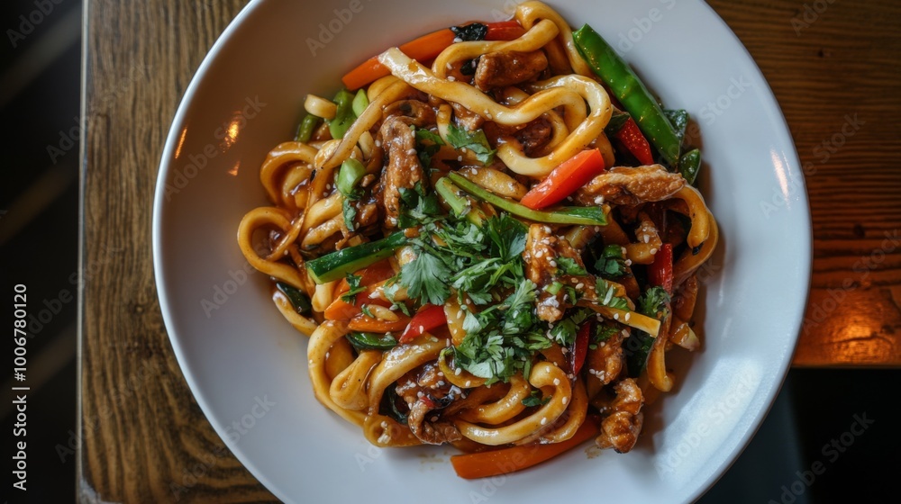 A vibrant udon stir-fry dish featuring thick noodles tossed with colorful vegetables and sliced meat, served on a white plate, showcasing the freshness and appetizing colors. A vibrant udon stir-fry dish featuring thick noodles tossed with colorful vegetables and sliced meat, served on a white plate, showcasing the freshness and appetizing colors.
