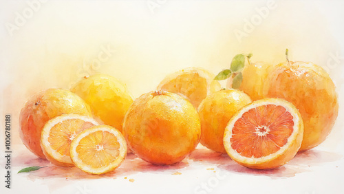 vibrant fresh citrus fruits and orange slices on white background in watercolor style by Ai