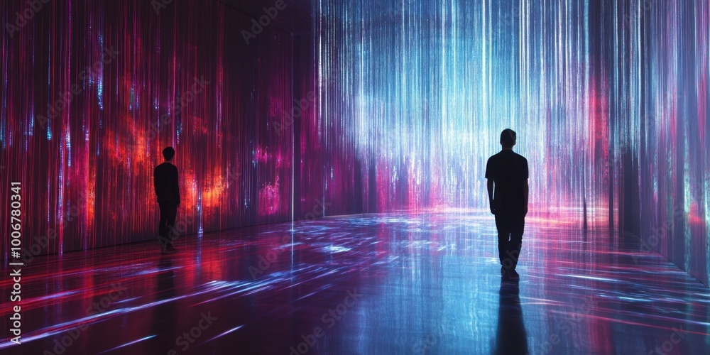 Obraz premium a man standing in a dark room with a neon light