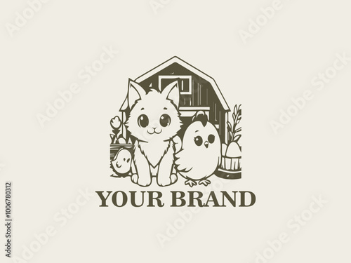 Vector Logo of Cute Cats and Chickens Little Farm Friends, Farm Animal Character Designs, Cats and Chickens in the Wild photo