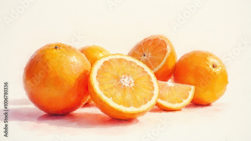 vibrant fresh citrus fruits and orange slices on white background in watercolor style by Ai