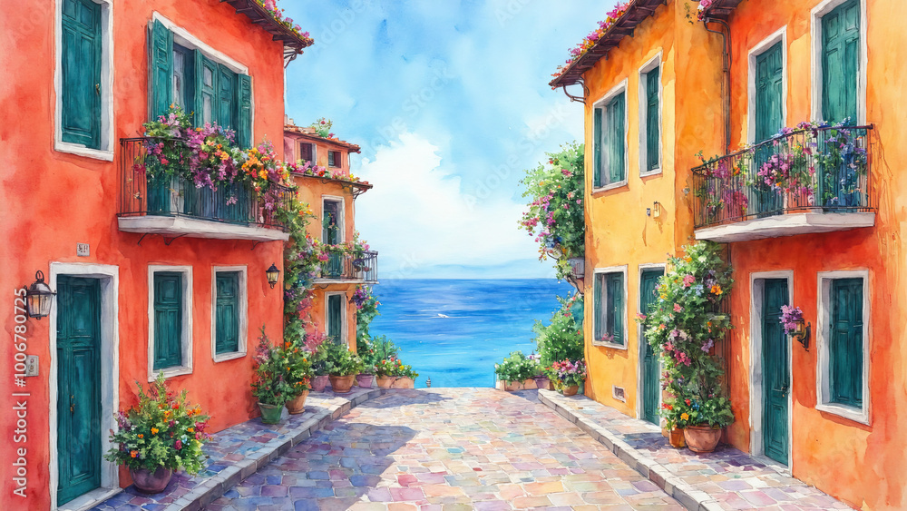 Obraz premium Vibrant watercolor of winding street in Italian coastal town by Ai