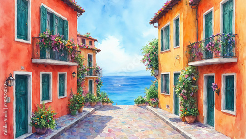 Vibrant watercolor of winding street in Italian coastal town by Ai