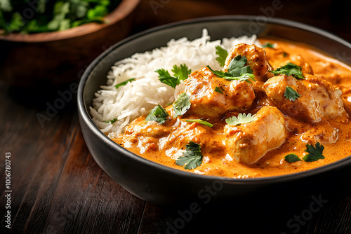 Curry chicken with rice in dish for a delicious and healthy meal.Oriental food.