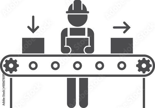 Factory workman on conveyor black icon. Production line