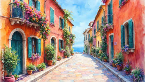 Vibrant watercolor of winding street in Italian coastal town by Ai