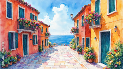 Vibrant watercolor of winding street in Italian coastal town by Ai