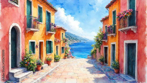 Vibrant watercolor of winding street in Italian coastal town by Ai