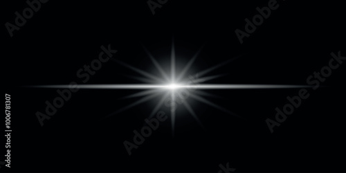 White bright flash of light with rays. Vector on a black background