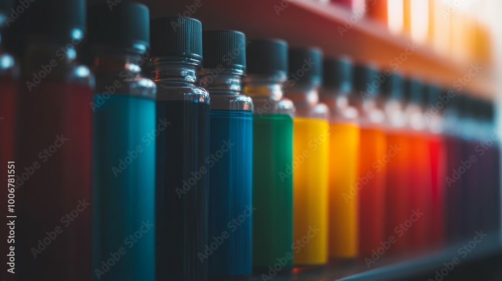 Fototapeta premium An array of vibrant ink bottles is neatly arranged in a row, each filled with bold colors, creating an appealing visual display in a well-lit artistic environment