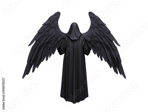 Dark angel figure with majestic wings, white isolated background. transparent background photo