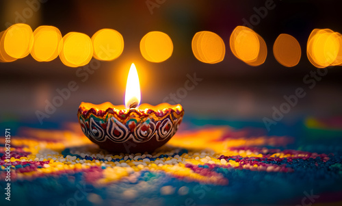 A single oil lamp decoration in happy Diwali festival photo