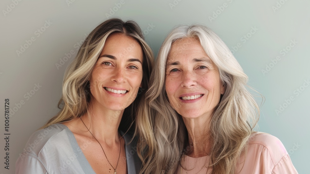 A beautiful blonde woman with long hair and her mother, both smiling at the camera, set against an isolated pastel background. mother and daughter A beautiful blonde woman with long hair and her mother, both smiling at the camera, set against an isolated pastel background. mother and daughter