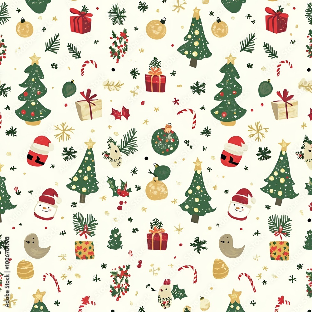 Naklejka premium Festive Christmas Seamless Pattern with Santa Claus, Gifts, and Holiday Decorations.