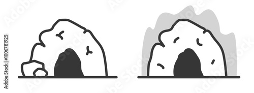 Rock cave icon simple line stroke vector graphic illustration set, canyon grotto sign symbol design isolated image clip art, hand drawn cavern tunnel flat cartoon cut out silhouette
