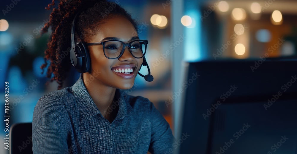 Black female call center worker in an office using a computer for a video conference meeting, smiling and talking to a customer over a headset on a desk with a copy space area. Black female call center worker in an office using a computer for a video conference meeting, smiling and talking to a customer over a headset on a desk with a copy space area.