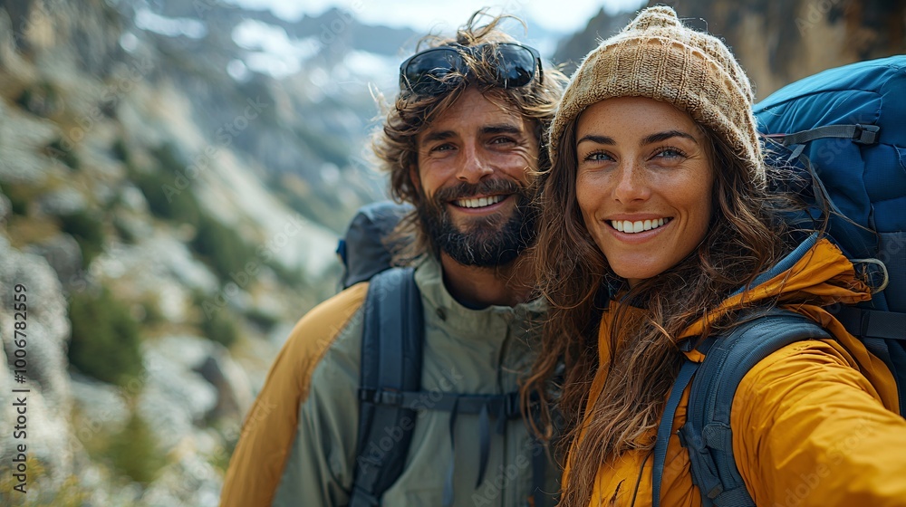 Happy Couple Hiking in Mountains with Backpacks Adventure Travel Photography Happy Couple Hiking in Mountains with Backpacks Adventure Travel Photography