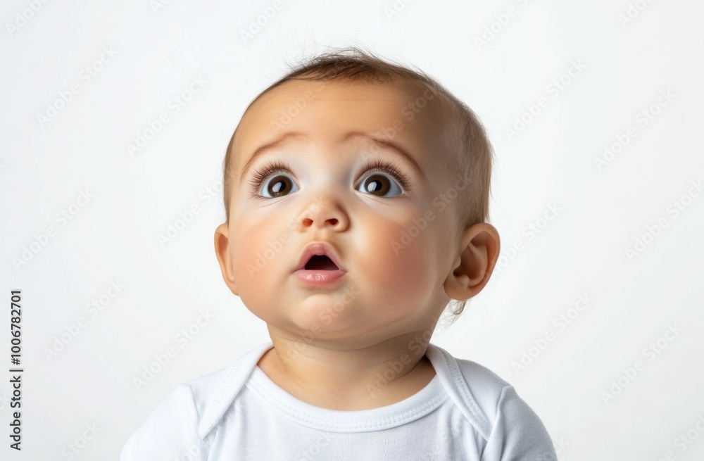 Cute baby in white looks up with a confused expression isolated on a clear background. Cute baby in white looks up with a confused expression isolated on a clear background.