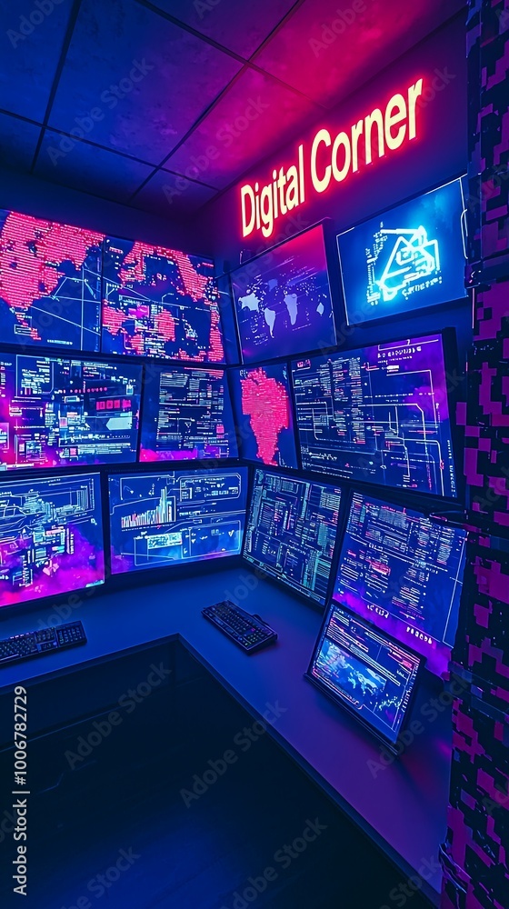 A futuristic, neon-lit room filled with multiple monitors displaying complex data and maps, with the sign A futuristic, neon-lit room filled with multiple monitors displaying complex data and maps, with the sign