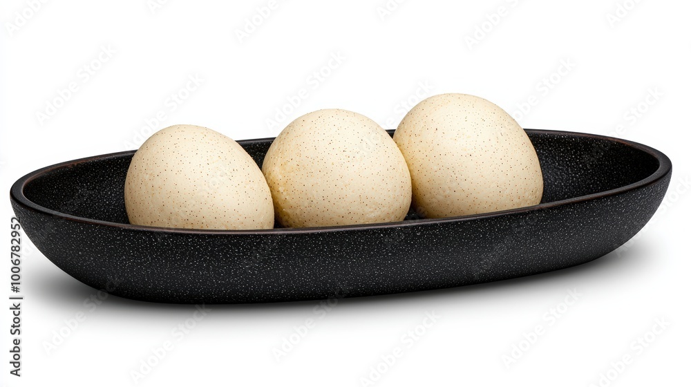 Three eggs displayed in a sleek black dish on a white isolated background. Three eggs displayed in a sleek black dish on a white isolated background.