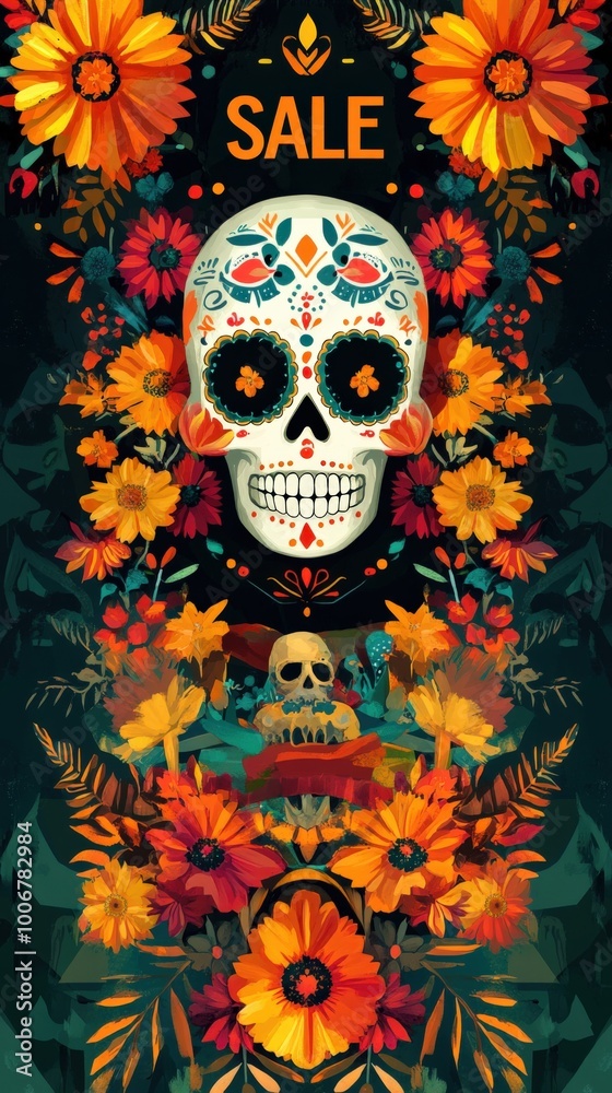 A Day of the Dead inspired event poster featuring colourful and ornate skulls, vibrant marigold colours and symmetrical patterns. A Day of the Dead inspired event poster featuring colourful and ornate skulls, vibrant marigold colours and symmetrical patterns.
