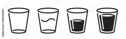 Glass water icon line stroke simple vector graphic set, empty half full drink cup symbol pictogram black white isolated clip art image, beverage alcohol short outline glyph cut out silhouette shape

