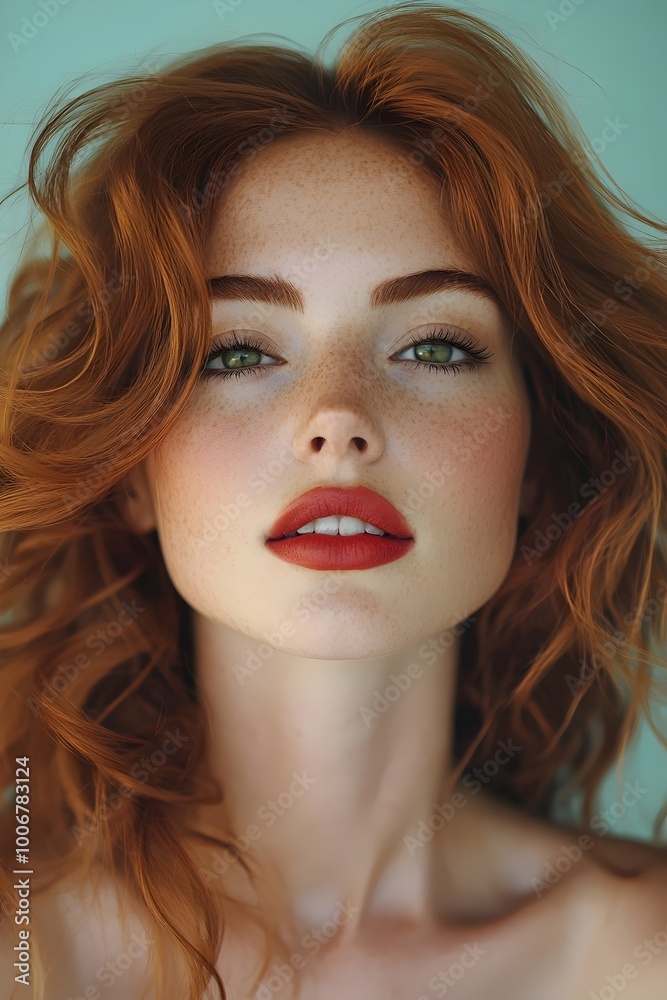 Fototapeta premium A young woman with red hair and freckles gazes directly at the camera, her lips painted a bright red.