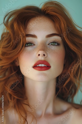 A young woman with red hair and freckles gazes directly at the camera, her lips painted a bright red.