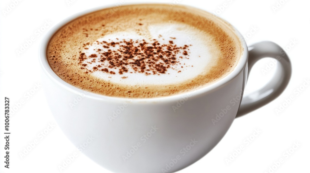 A close-up of a frothy cappuccino in a white ceramic cup, set against a clean white background to highlight the rich crema and warmth of the drink. A close-up of a frothy cappuccino in a white ceramic cup, set against a clean white background to highlight the rich crema and warmth of the drink.