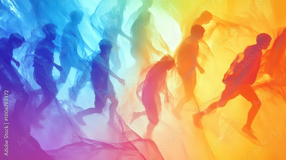 Vibrant Teenage Team Bonding in Abstract Surreal Environment