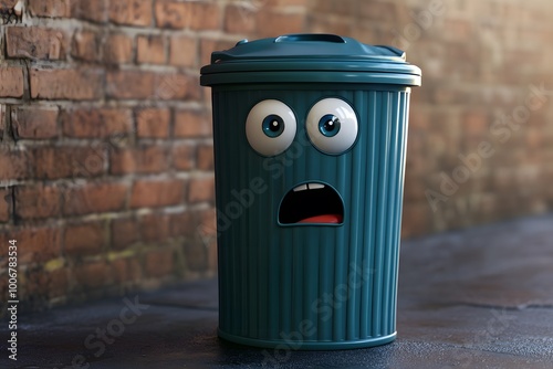 3D illustration of sad face trash can full of garbage photo