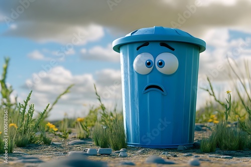 3D illustration of sad face trash can full of garbage
