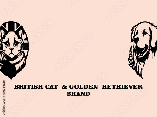 British Cat and Golden Retriever Vector Logo, Long-haired British Cat and Golden Retriever Playing Ball in the Park