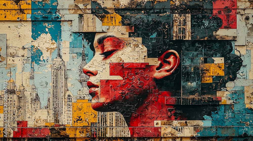 Fototapeta premium Abstract Urban Mural Art Woman s Face Cityscape Street Art