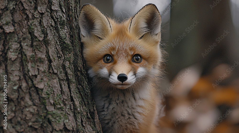 Adorable Red Fox Kit Peeking from Behind Tree in Forest Adorable Red Fox Kit Peeking from Behind Tree in Forest