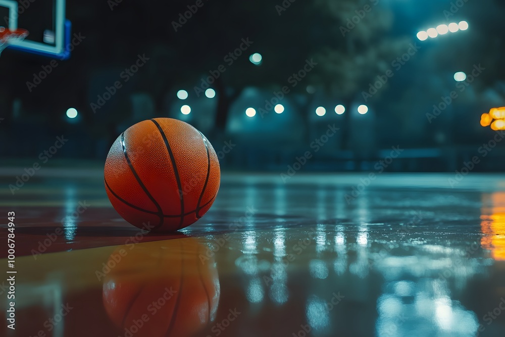 outdoors basketball court on the night with ball on it outdoors basketball court on the night with ball on it
