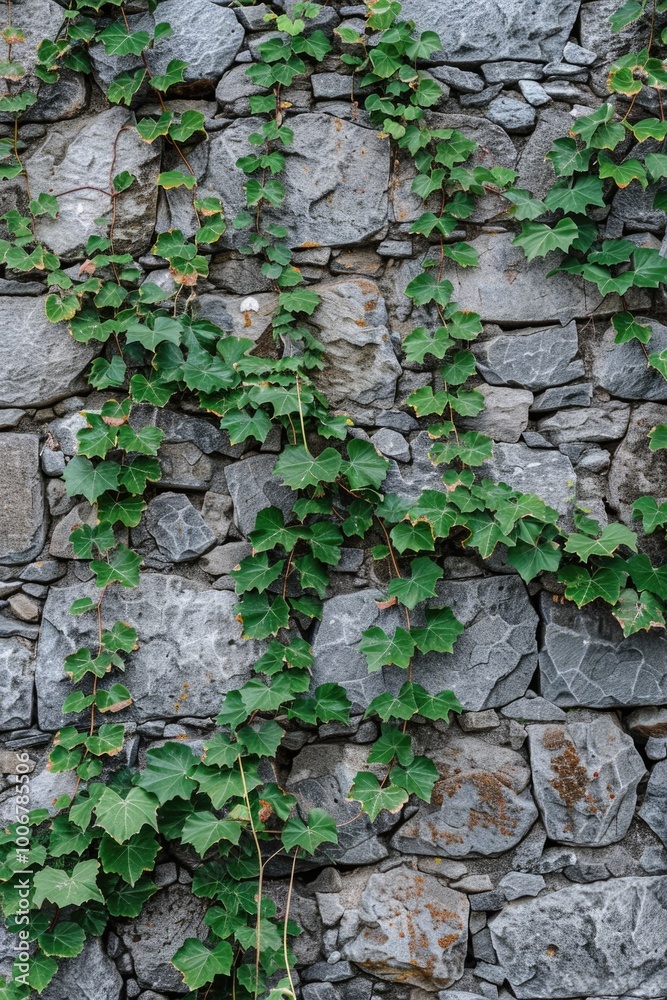 A stone wall overgrown with lush green plants and foliage A stone wall overgrown with lush green plants and foliage
