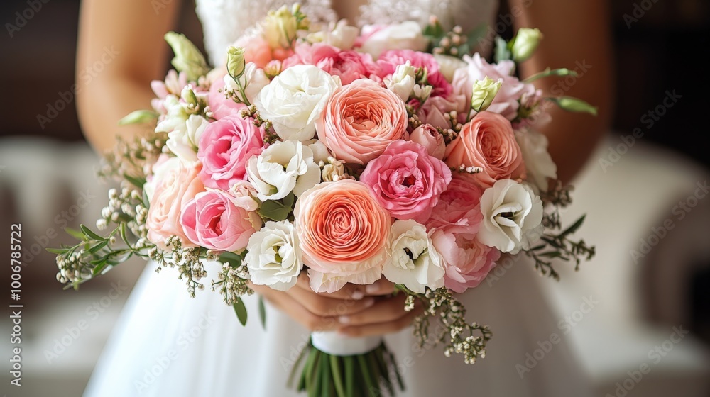 Bride holding a stunning bouquet of pink and white flowers, showcasing elegance and bridal beauty. Bride holding a stunning bouquet of pink and white flowers, showcasing elegance and bridal beauty.