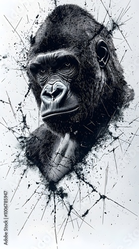 A powerful black and white portrait of a gorilla, its intense gaze captured in a dynamic, splatter-art style. photo