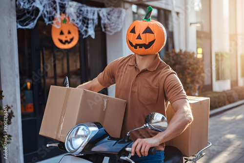 A Festive Delivery Driver in a Pumpkin Costume Delivering Packages on Halloween photo