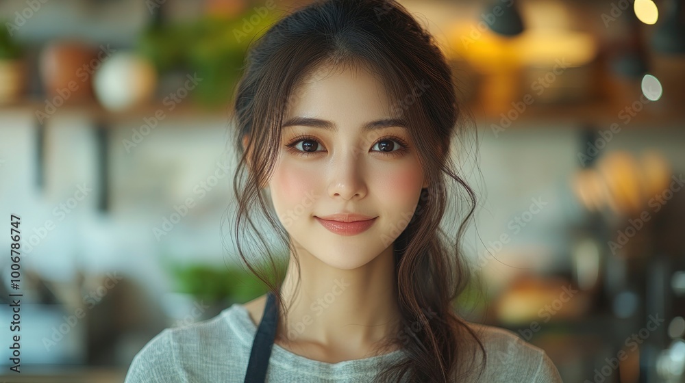 Beautiful Young Woman with Long Dark Hair Smiling at the Camera in a Cafe
