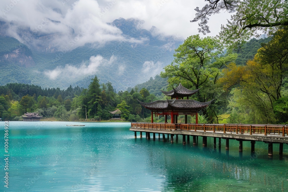 Fototapeta premium A wooden bridge spans a serene lake with a traditional pagoda in the background, perfect for travel or nature-inspired scenes